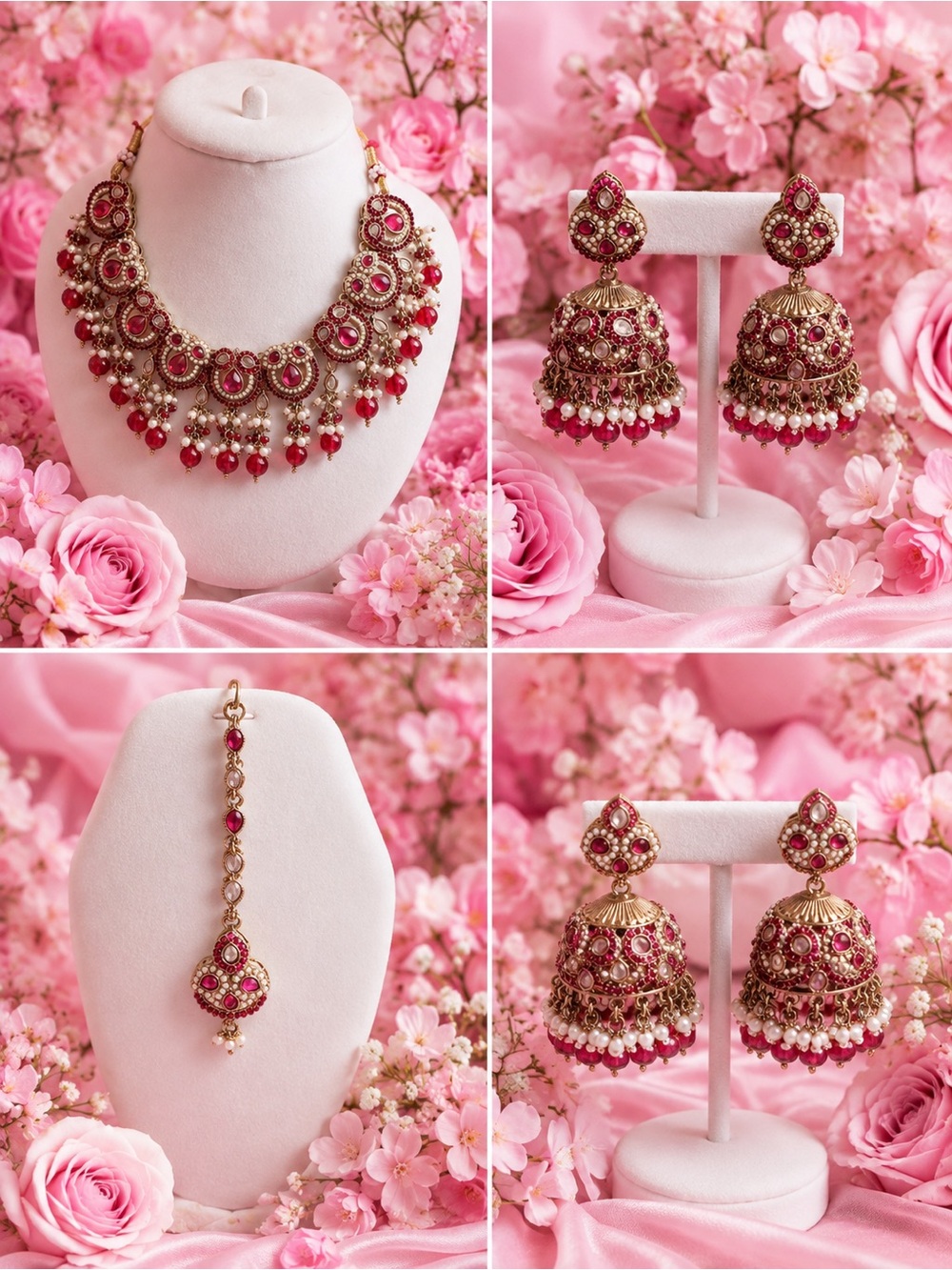 Traditional Gold-Tone and Deep Pink Statement Necklace Set with Jhumka Earrings